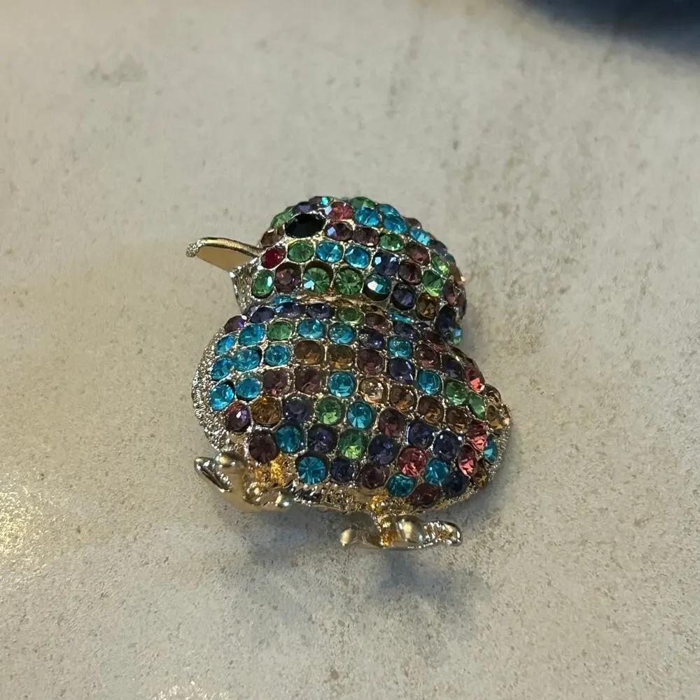 Vintage Rhinestone Chick Brooch – Colorful Pave Crystal Bird Pin – Whimsical